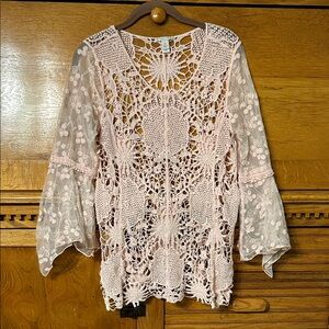 C Est 1946 Pink Crochet Lace Open Sheer Sleeve Boho Cottage Core Feminine Top M